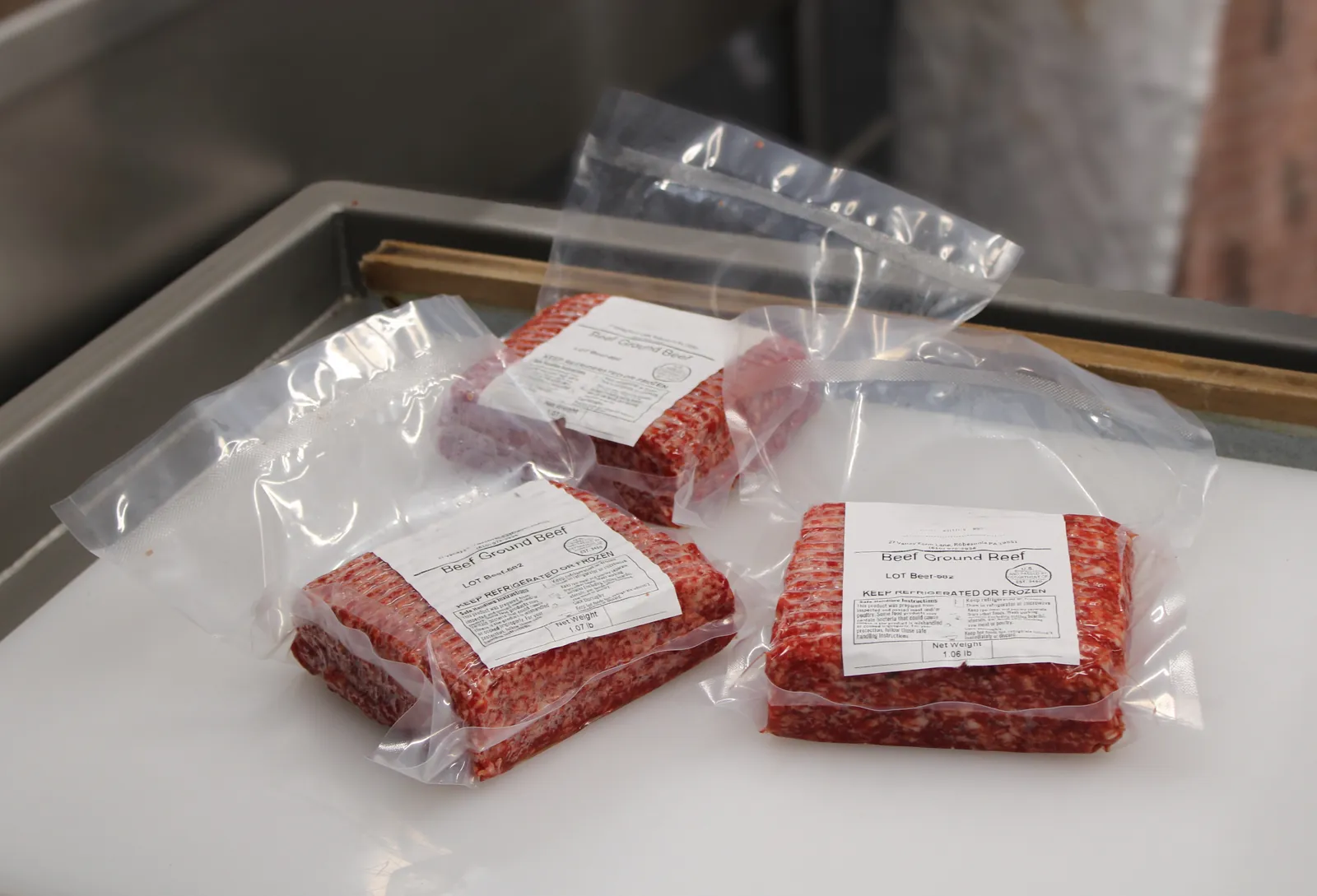 Labeled one-pound packs of ground beef