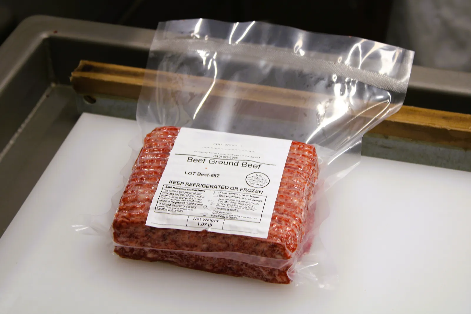 Vacuum-sealed one-pound packs of ground beef